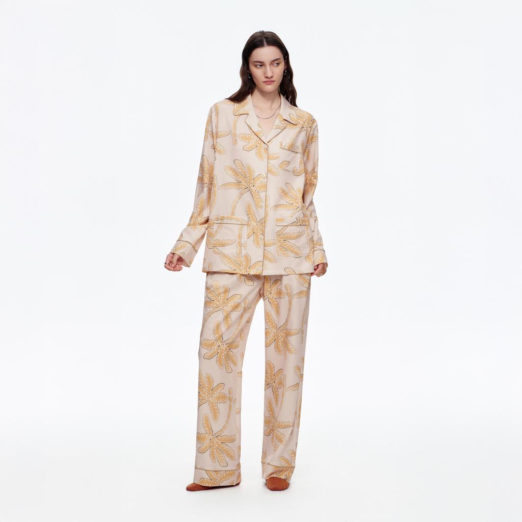 Newly Designed Printed Long-sleeved Long Pants Pajama Set Home Wear with Leopard Print and A High-end Collar Shirt Style