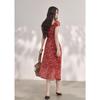 Women's Retro Red Floral Ruffle Chiffon Long Dress