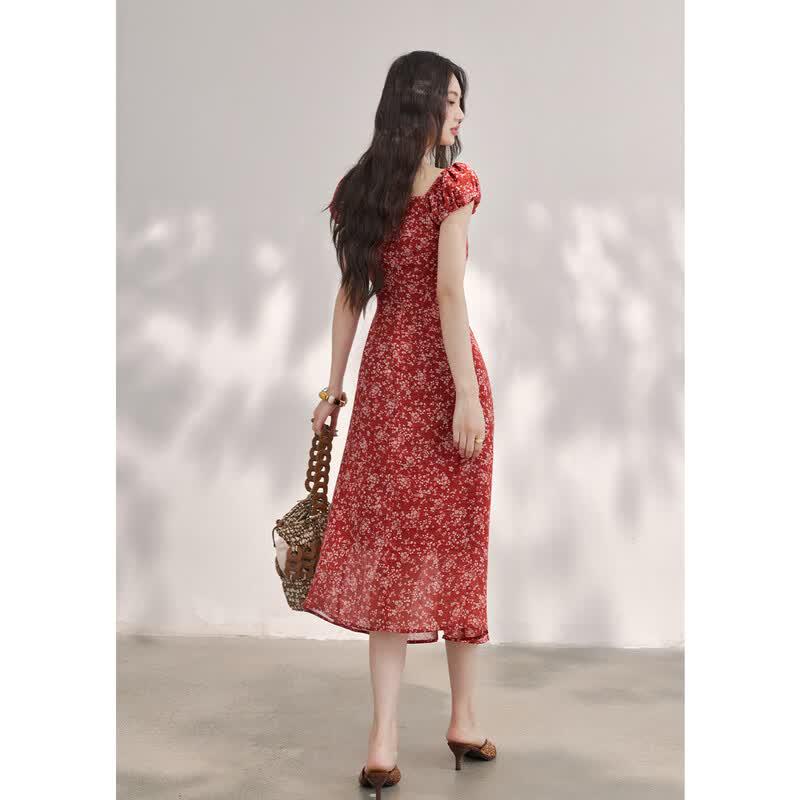 Women's Retro Red Floral Ruffle Chiffon Long Dress