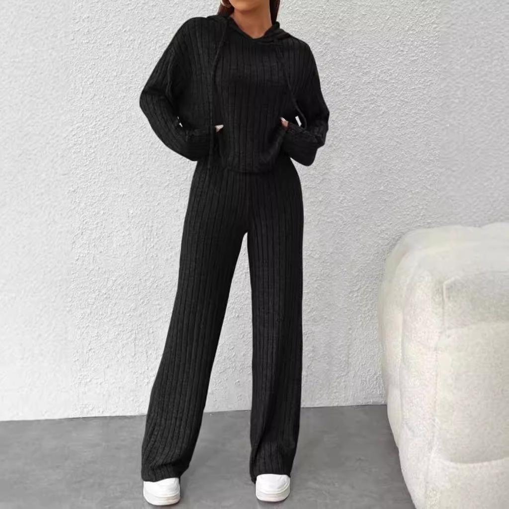 Women's Ribbed Knit Hooded Sweatshirt and Wide Leg Pants Set in Light Grey