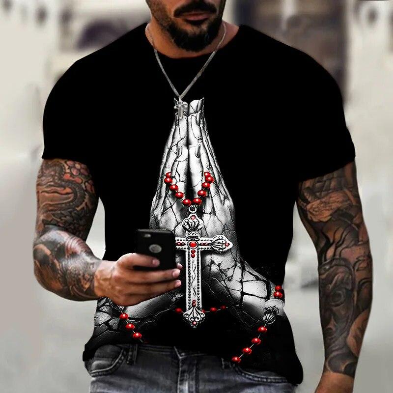 Bărbați Religie Jesus 3D Imprimat Casual Vintage Tricou cu mânecă scurtă Vară Bărbat Streetwear Topuri negre supradimensionate