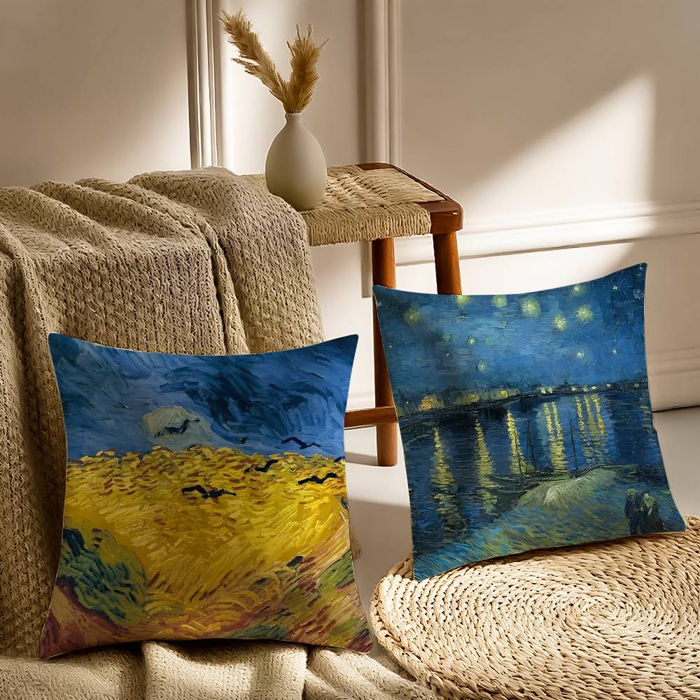 V-Van Gogh Ölgemälde Druck Kissenbezug Milbenschutz Kissenbezug Verdeckter Reißverschluss Seidiger Kurzer Plüsch Sofakissenbezug