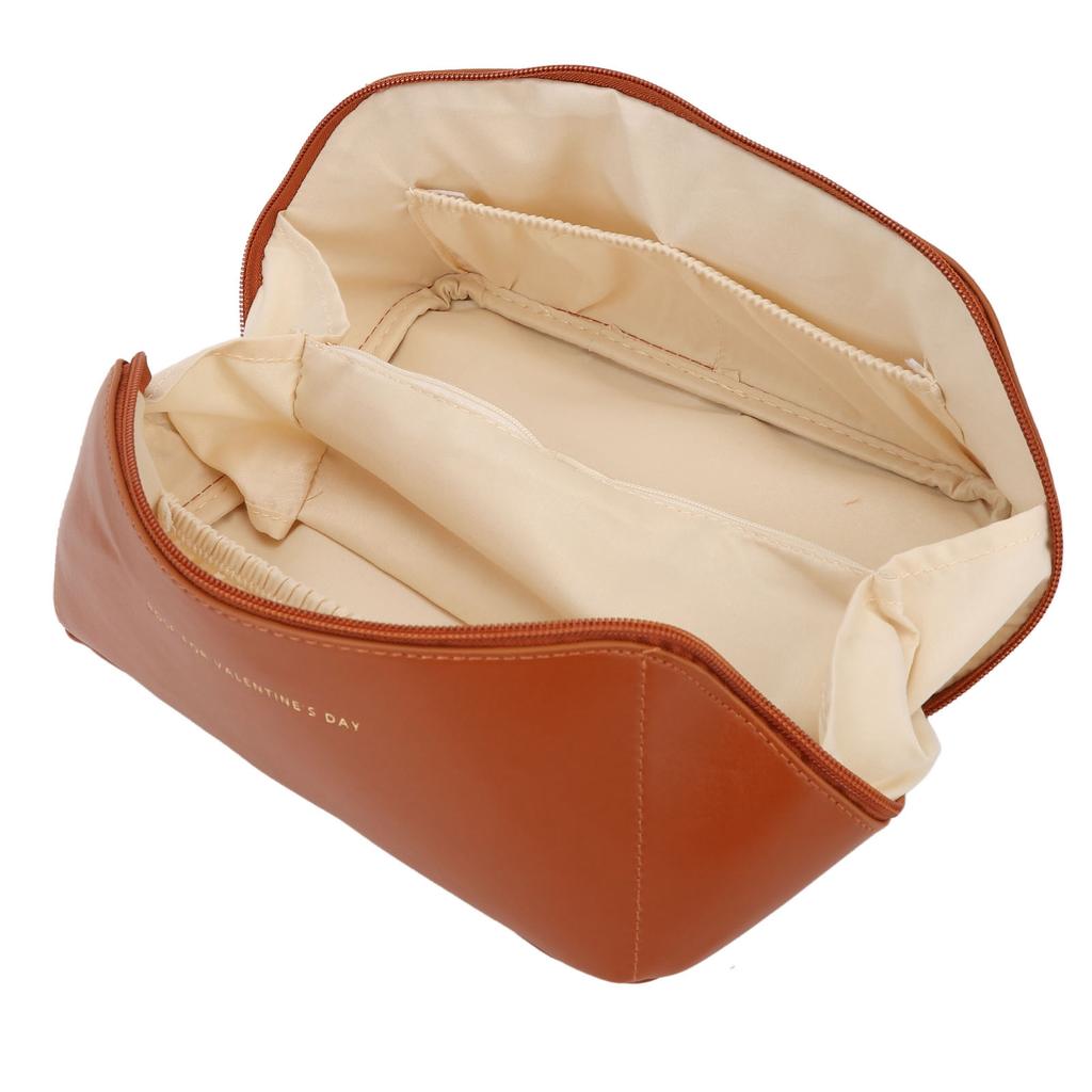 Makeup Storage Bag PU Leather Large Capacity Large Opening Design Multi Partition Waterproof Makeup Travel Bag Mocha