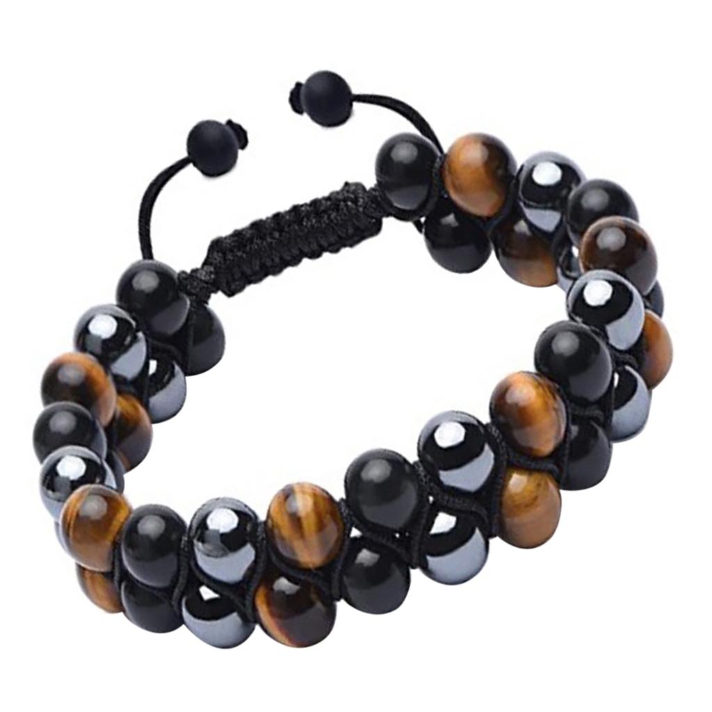 Tiger Eye Bracelet 8mm Tiger"s Eye Black Stone Beads Stretch Cord Bracelet Adjustable Double Layer