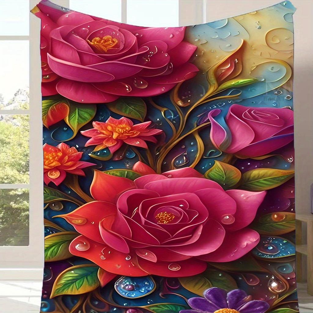 1pc Rose Print Blanket, Flannel Blanket, Soft Warm Throw Blanket Nap Blanket For Couch Sofa Office Bed Camping Travel