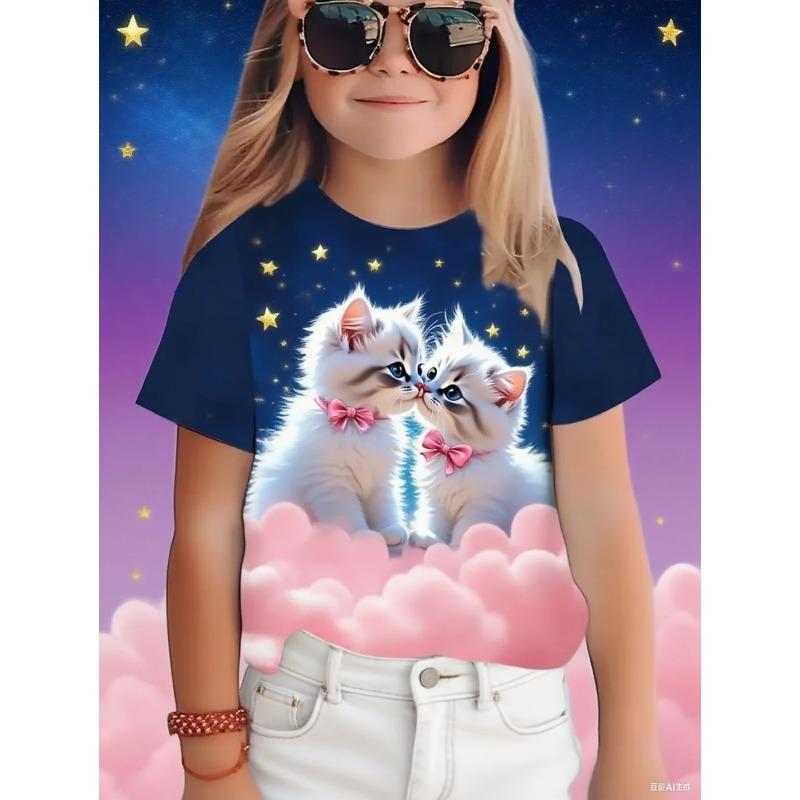 Summer Round Neck 3D Cat Printed Top Fashionable Casual Short Sleeved Children's Girl T-shirts