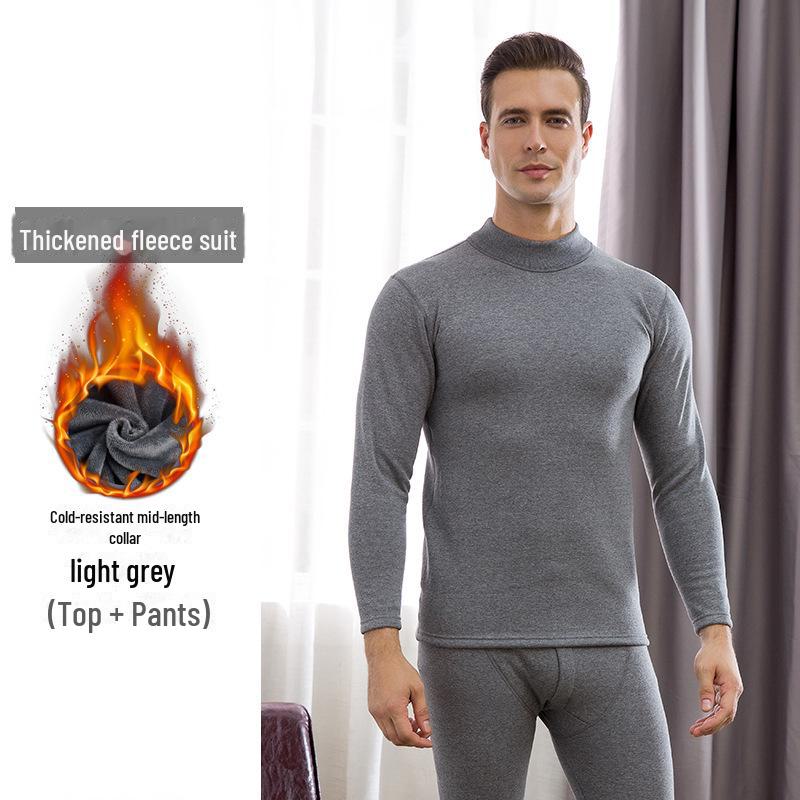 Men's Plus Velvet Thickened Thermal Underwear Set for Middle-aged and Elderly - High-collar Autumn Top and Pants