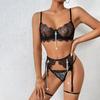 Black Lace Sheer Bra Set With Metal Chain Detail Sexy Lingerie Women 3/4 Cup Unlined Push-Up Style