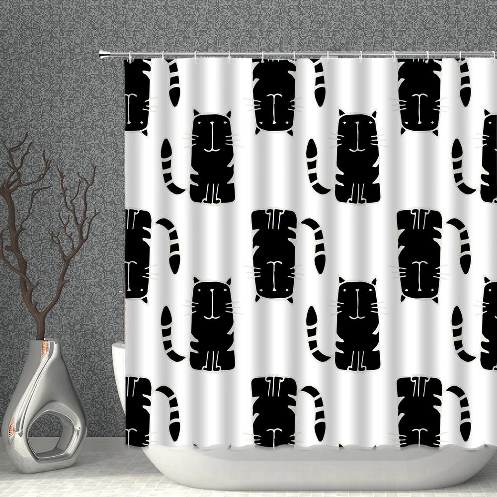Cartoon Cat White Shower Curtain Waterproof Pattern Print Polyester Bath Curtains Multi-Size With Hooks Bathroom Screen Decor