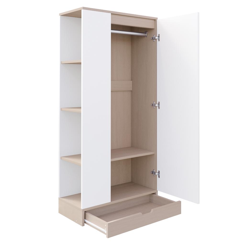 Wardrobe 70*40*170cm, Single-Door Design, with Shelves and Drawers, Natural Wood Color + White (Old SKU: LDB00308AAN)