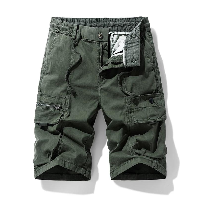 Summer Solid Cargo Shorts Men Loose Casual Cotton Multi Pocket Loose Knee Length Trousers Male Jogger Sports Zipper Fly Shorts