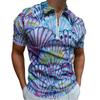 Zip-collar short-sleeve polo with artistic whale wave print, trendy casual wear.