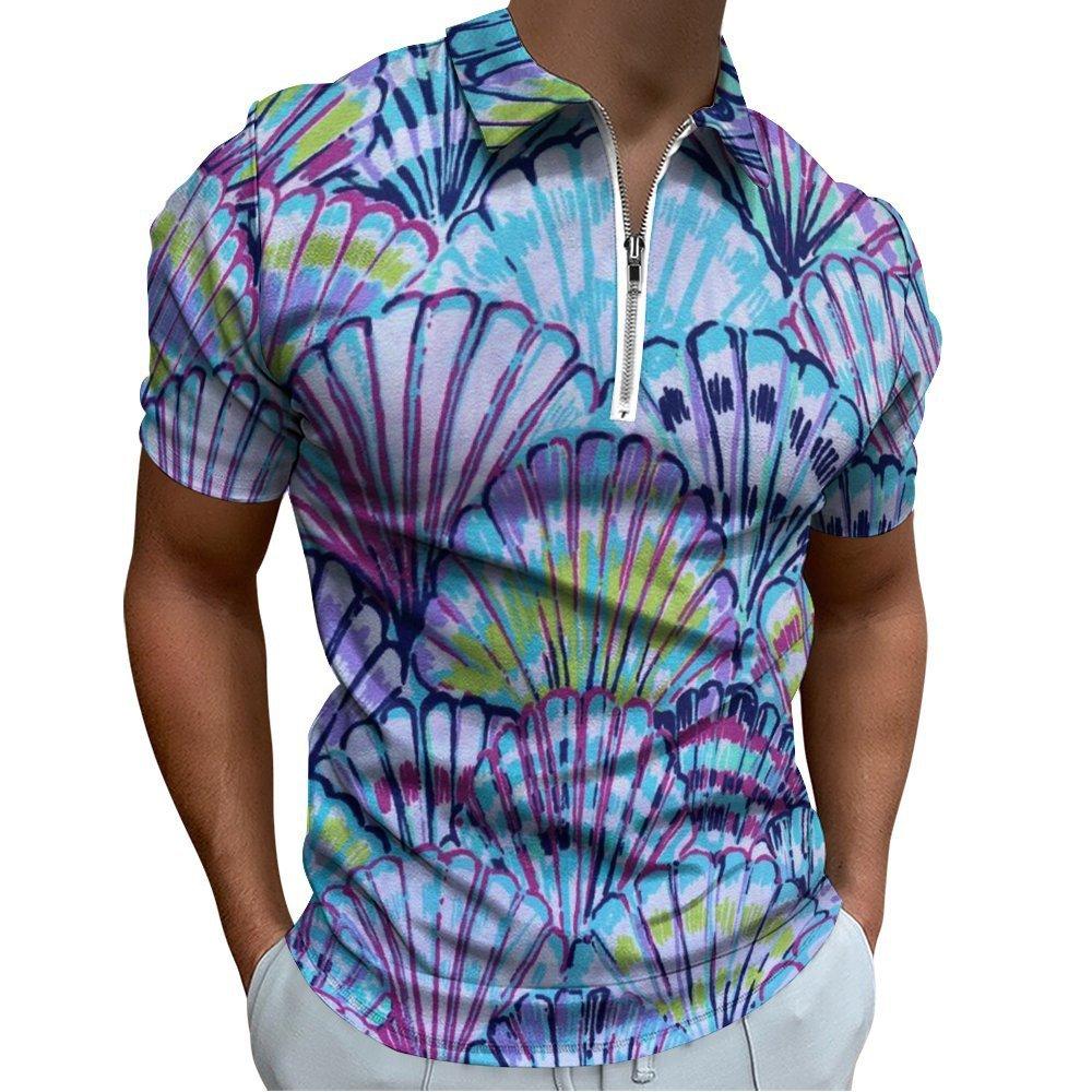 Zip-collar short-sleeve polo with artistic whale wave print, trendy casual wear.