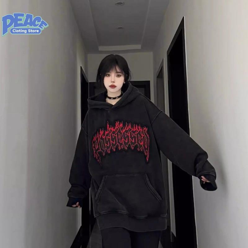 Retro Flame Letter Printed Hooded Sweatshirt for Men and Women Autumn and Winter Fashion Trend Casual Comfy Thick Top Streetwear