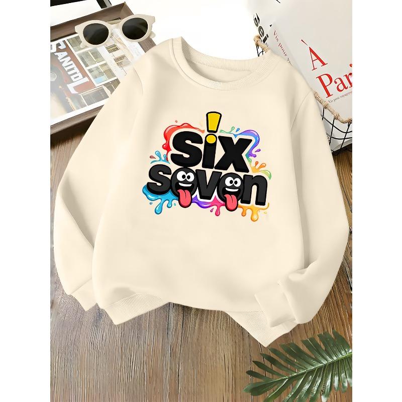 Kids Unisex Crewneck Sweatshirt, Funny Cartoon Face Six Seven Letter Color Splash Print Soft Long Sleeve Pullover For Boys Girls Over 4 Years Old