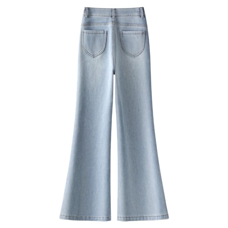 Women's 2024 Light Blue High-Waisted Retro Micro-Flare Jeans with Plus Velvet for Autumn/Winter