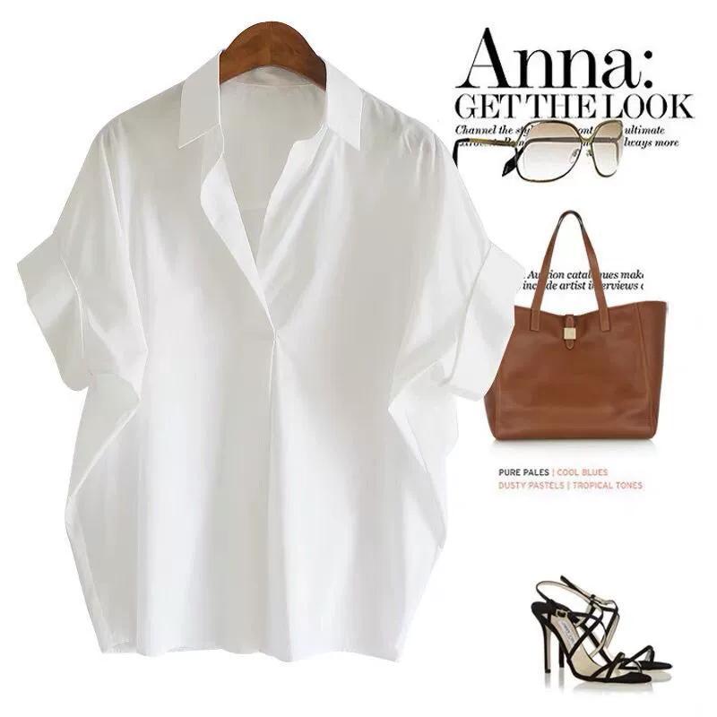 Retro Hong Kong Style Short-sleeved Shirt Women's Summer Western Style All-match White Shirt Loose Bat Sleeve Collar Top