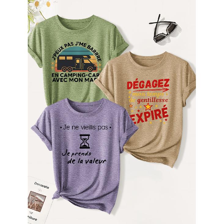 3 Pack of women's summer tops | Sarcastic and tongue-thwarting French print T Shirt | Cute and trendy casual round-neck short-sleeve suit | 2026