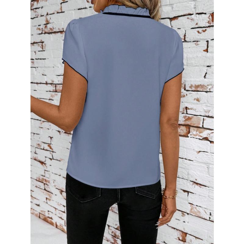 YYFS Women's Fashion Casual Summer Spring Flower Pattern Print Short Sleeve Stand-Neck Blouses & Shirts