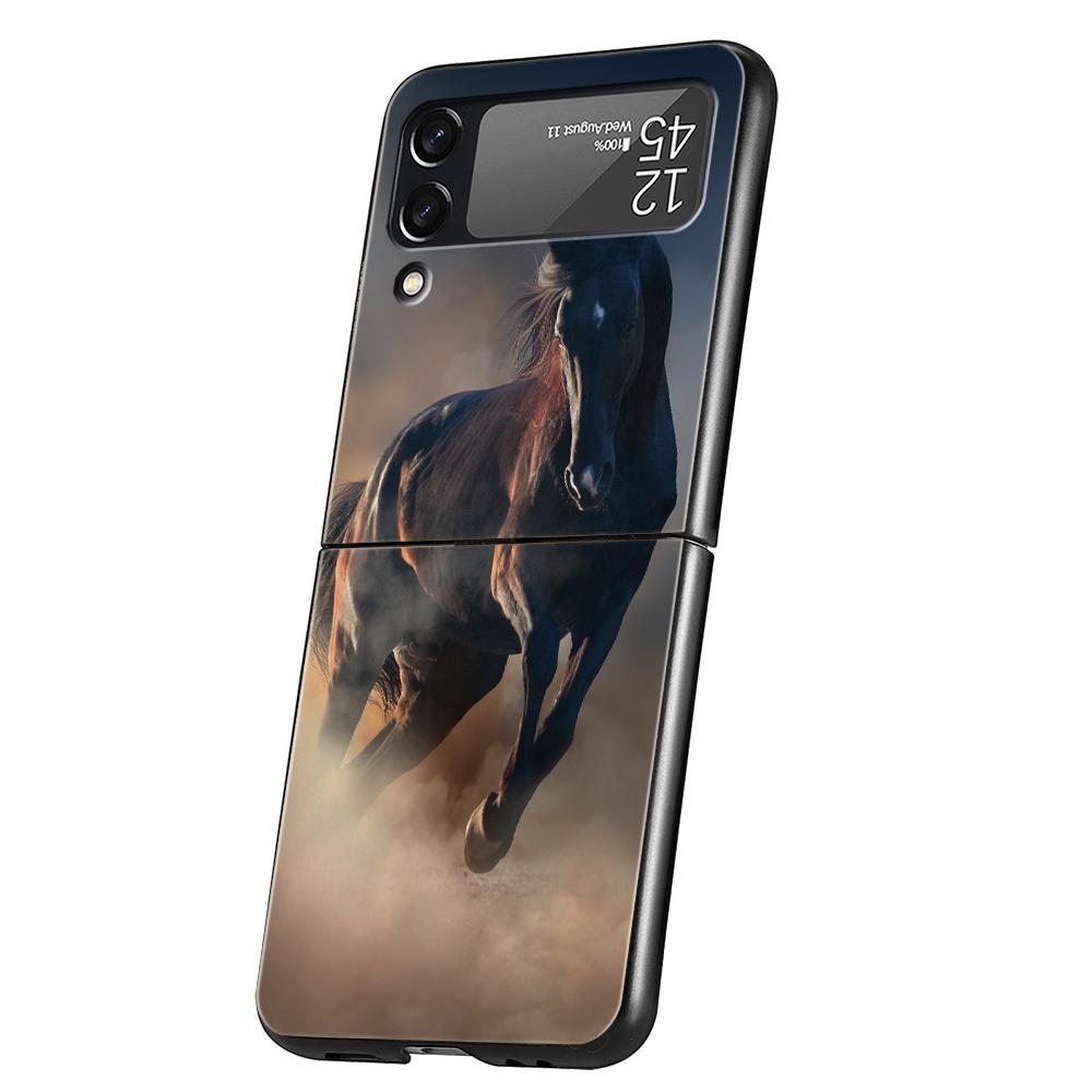 Luxury Phone Case For Samsung Galaxy Z Flip 3 4 5 6 Hard Black Folding PC For Samsung Z Flip3 Flip4 Flip5 Cover Horse Animal