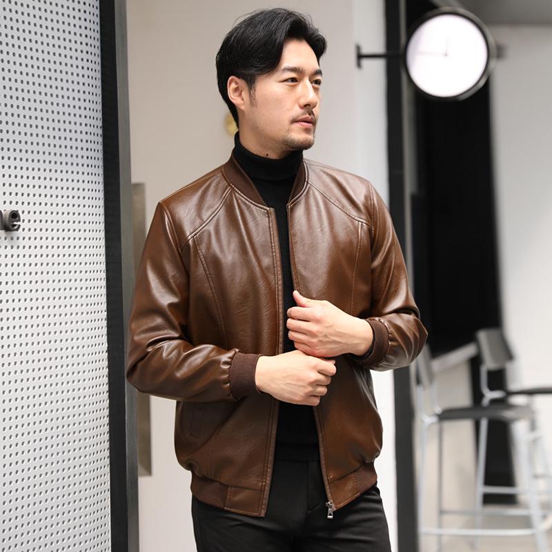 Kuaishou Douyin Men's Autumn/Winter Baseball Collar Leather Jacket – Thin Stand Collar Casual Coat