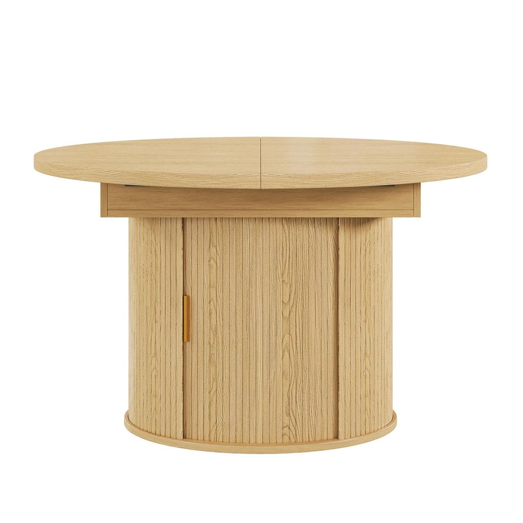 Tavolo da pranzo rotondo estensibile, tavolo da pranzo allungabile per 4-6 persone, con spazio contenitore, ante scorrevoli e 2 ampi scomparti, 120–160×120×75 cm
