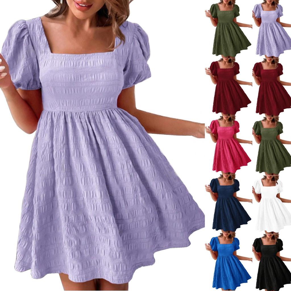 Women's Loose Solid Color Square Neck Slim Fit Fashionable Short Sleeved Dress