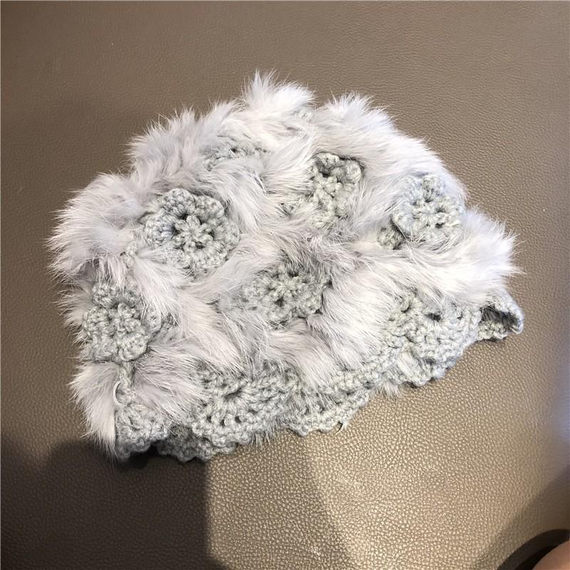 Fashion Rabbit Fur Patchwork Knit Bucket Hat Women Warm Fall Winter Large Head Size Face Slimming