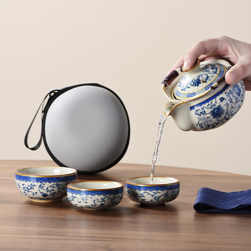 Ru kiln travel tea set portable outdoor camping blue and white ceramic express cup gift retro hand-held pot