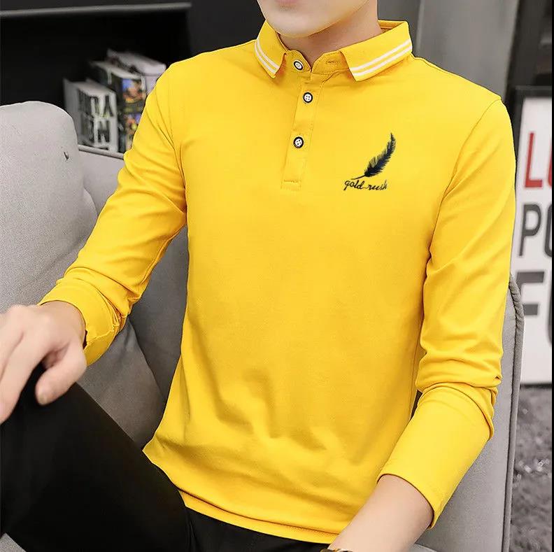 Pure Color Polo Shirt Men's Lapel Collar Long Sleeve T-Shirt Casual Fitness Top