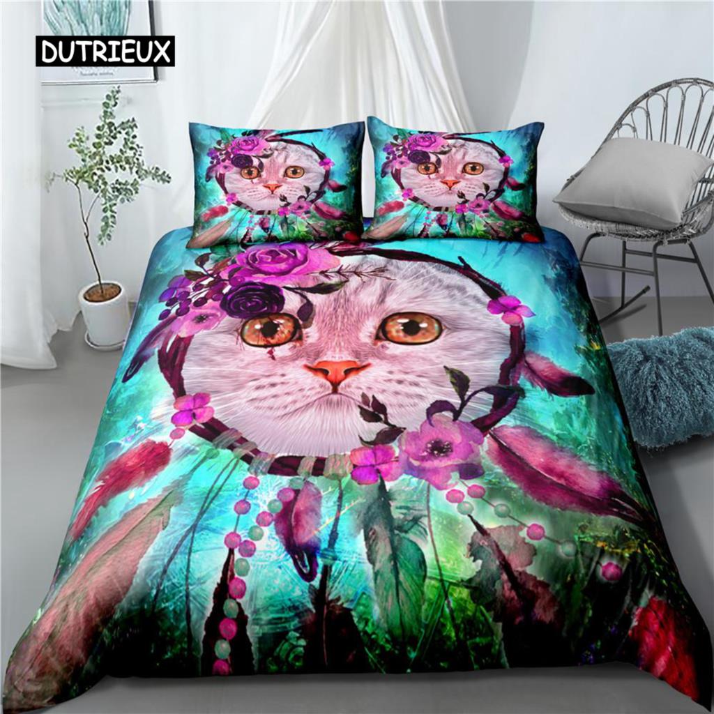 Bettbezug-Set mit Traumfänger-Tiermotiv, weißer Wolf, lila Federn, Mikrofaser, 2/3-teilig, Bettbezug für Kinder, Teenager, Erwachsene