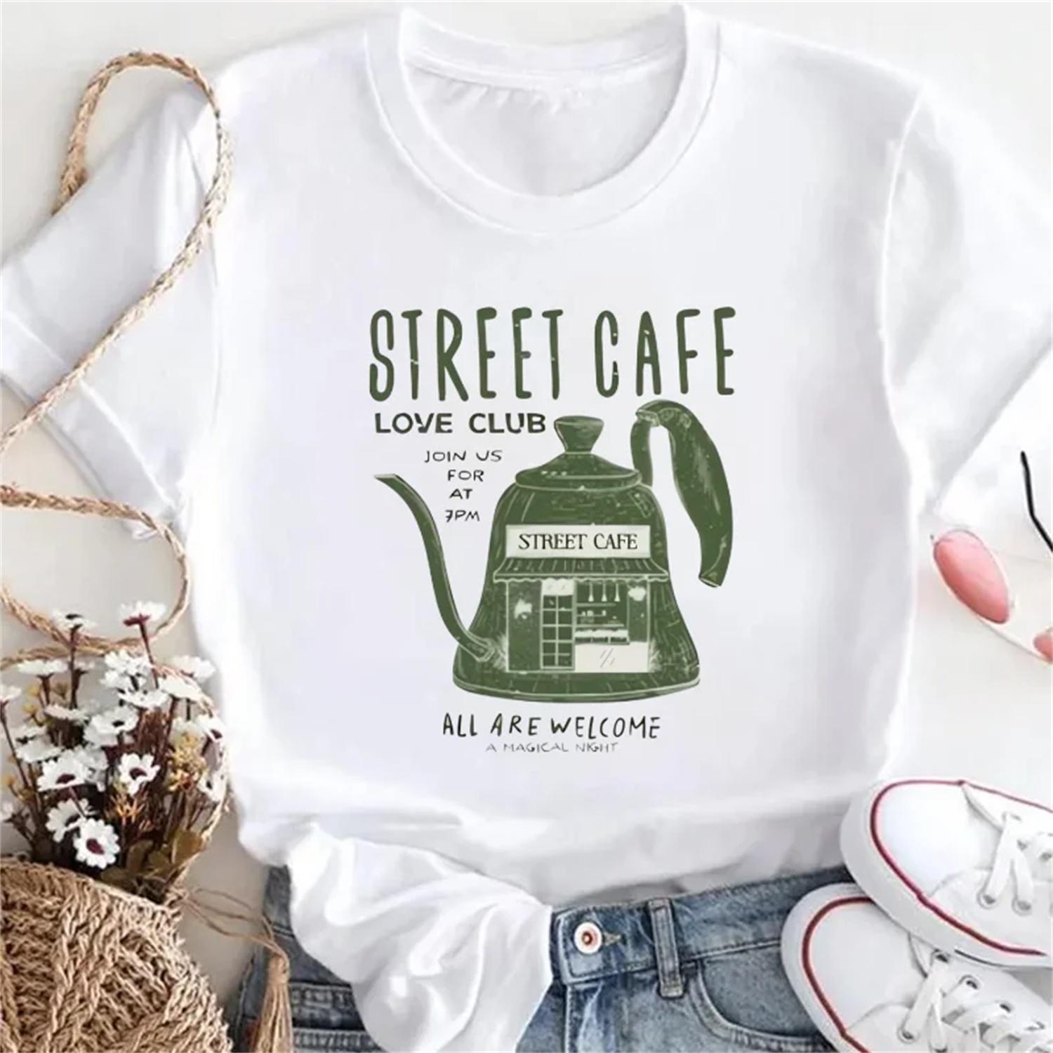 Coffee Enthusiast Pattern 90s Women s White T-Shirt Printed Short Sleeved O-Neck Summer Casual Regular Street Fun Style T-Shirt S