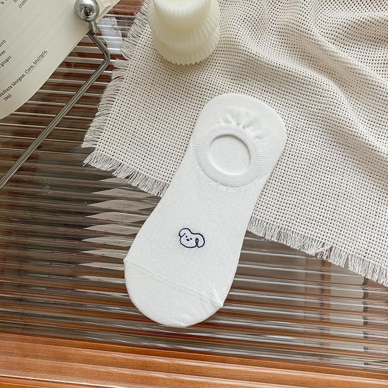 Cartoon Embroidered Puppy Socks for Women, Summer Thin, Shallow Boat Socks, Silicone Anti-slip, No Heel Drop, Boneless Invisible Socks