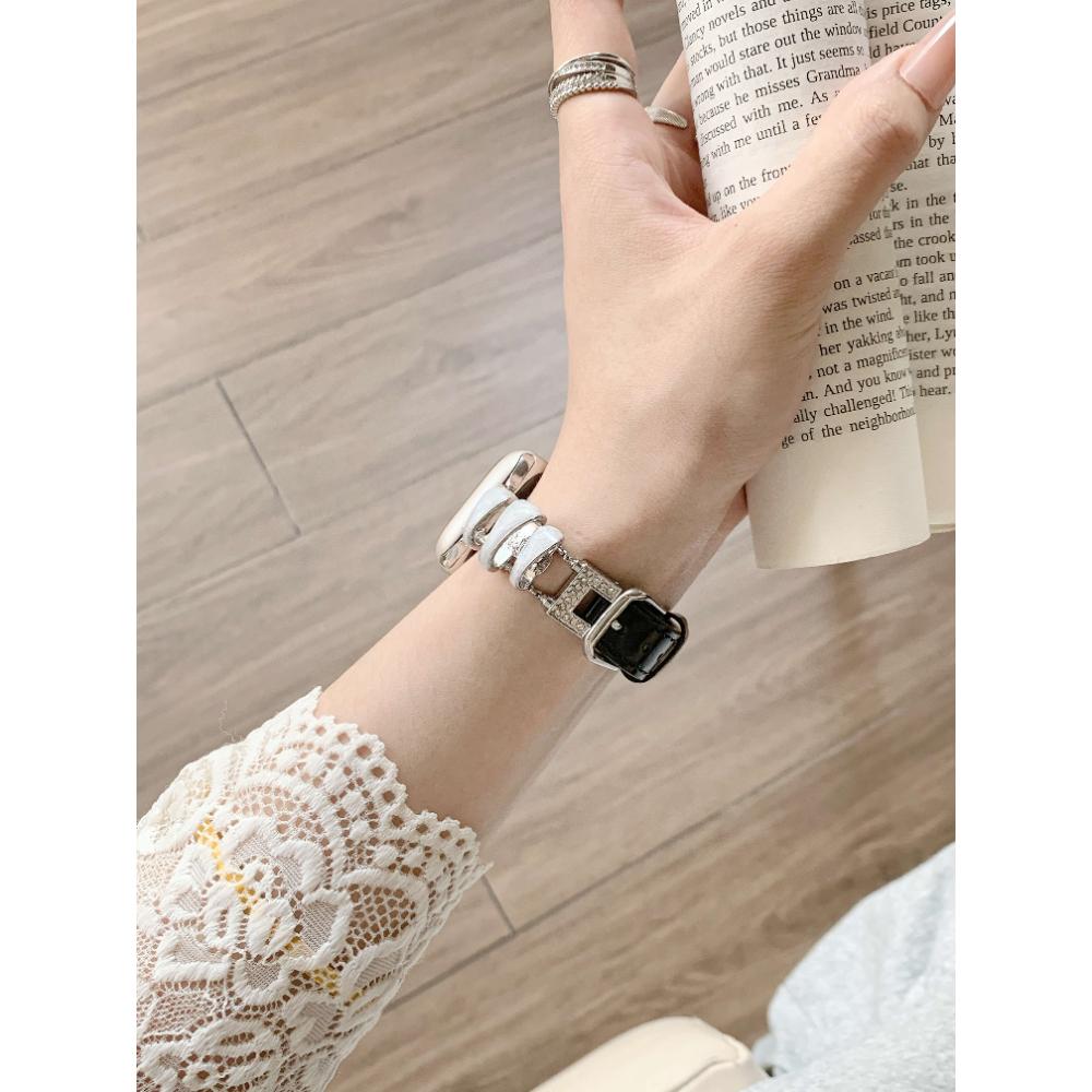 Women Metal Leather Watch Band for Apple Watch Series Ultra 11/10/9/8/7 SE Splice Leather Strap for 38 40/41/42/44/45/46/49mm Replacement Bracelet
