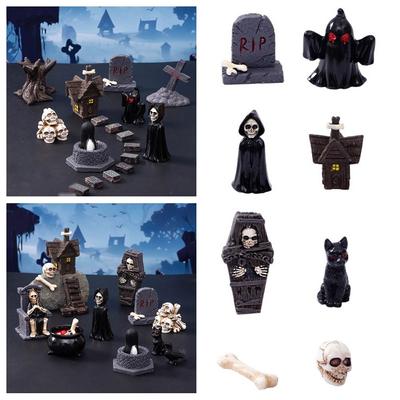 Mini Halloween Miniaturfigur Knochen Schädel Sarg Haus Stuhl Cartoon Gruselige Geisterstatue Autodekoration Harz