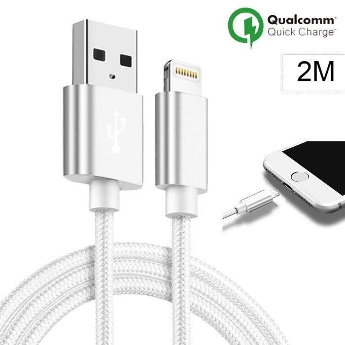 Câble pour téléphone mobile - Compatible iPhone - 2M - Nylon Blanc - USB - Multi-modèles