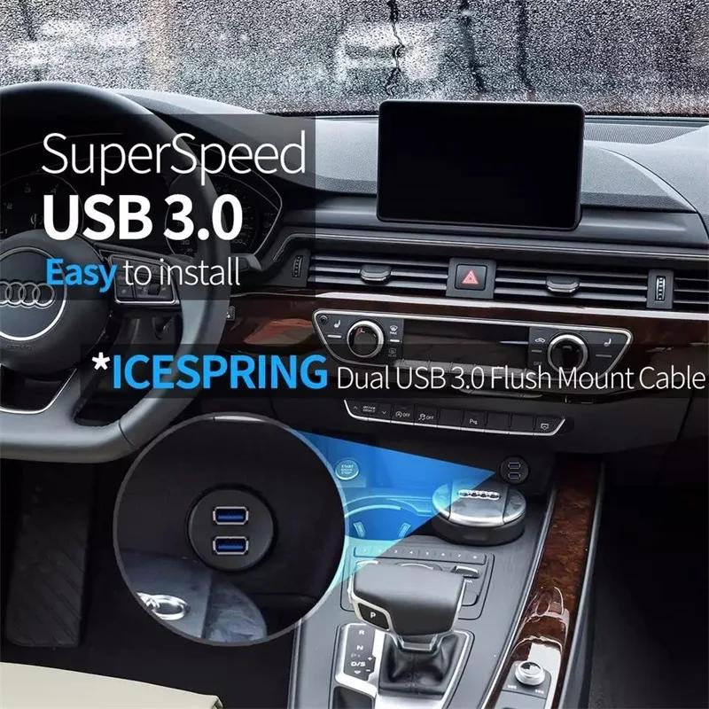 Car Accessories Dashboard Dual USB 3.0 Male To Female Cable Flush Mount USB Socket with LED Indicator for Car Truck Marine