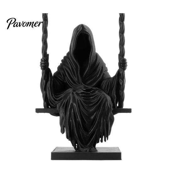 Pleated Robe Sculpture 3D Printed Sitting Reaper Statue, Faceless Man In Black On Swing Ornament Figurine, Gothic Cloak Ornament, Dark Style Figurine