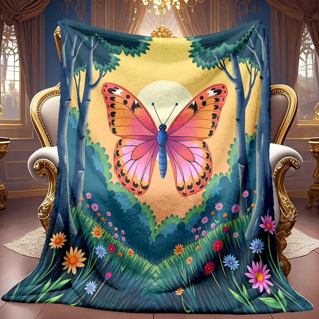 A 2D Flannel Blanket with a Butterfly-themed Pattern from the Forest, Featuring Soft High-definition Digital Printing. This Cooling Blanket Is Suitabl