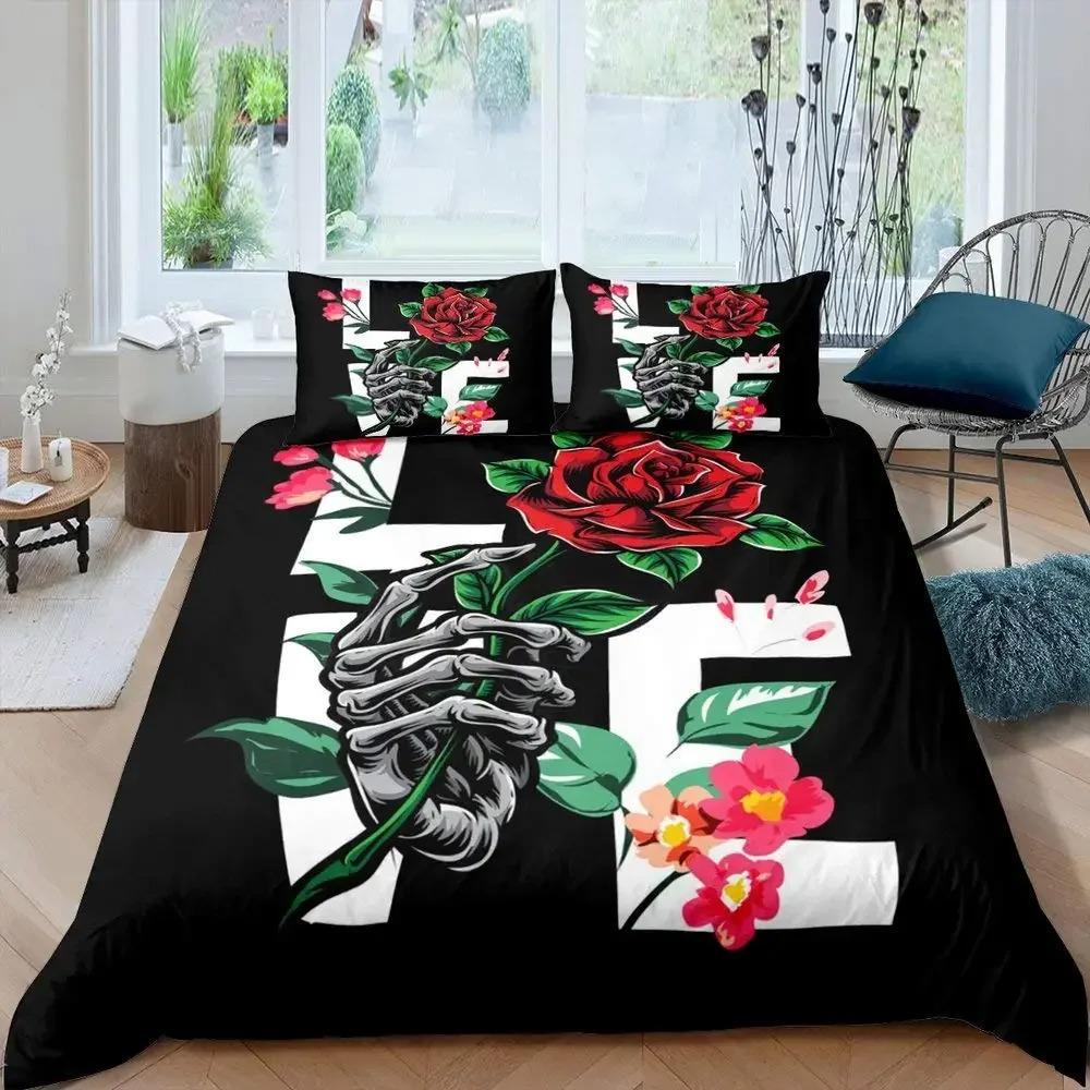 Gotisches Zuckerschädel Knochen Bettwäsche Set Skelett Hand Bettdecke Bezug Rosenblätter Romantische Blumen