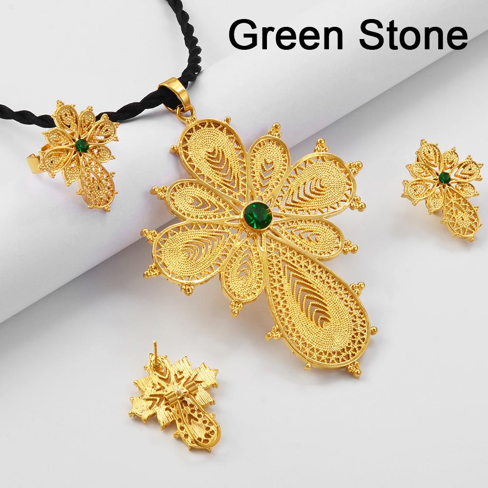Anniyo Ethiopian Jewelry sets Cross Pendant Necklaces Earrings Rings Silver/Gold Color African Eritrean Habesha Wedding @139216 45cm Black Rope