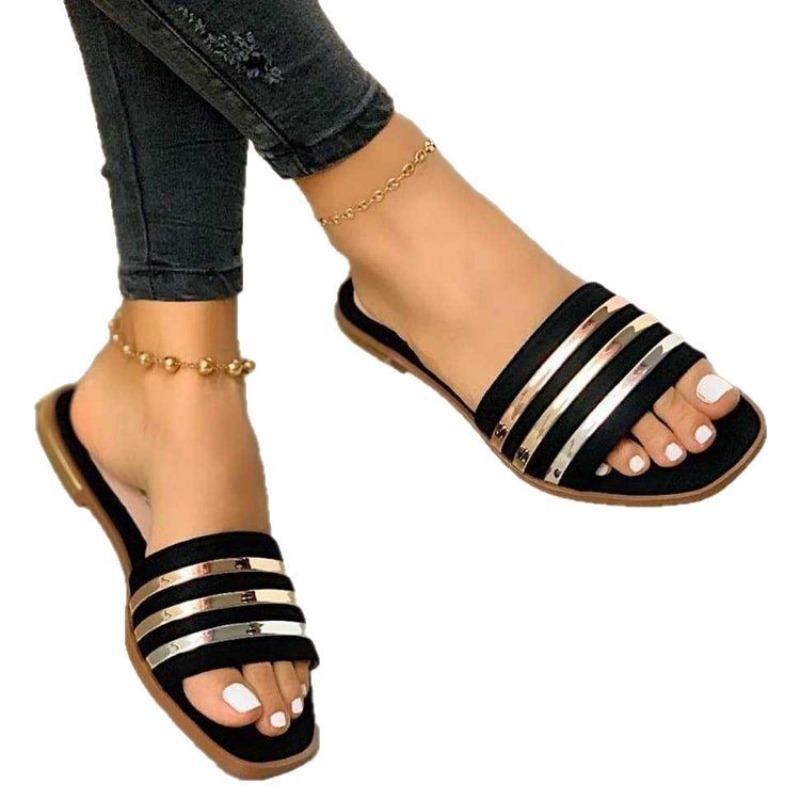 Women's Plus Size Round Buckle Flat Sandals, Casual Beach Summer Slides