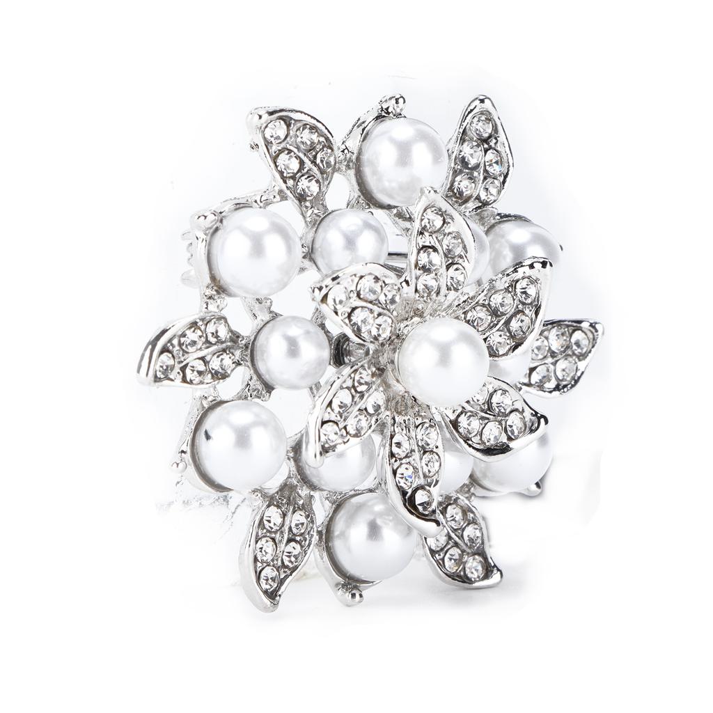 Brooch Diamond Flower Pearl Alloy Fashion for Exquisite Present Cloth DecorationsSilver