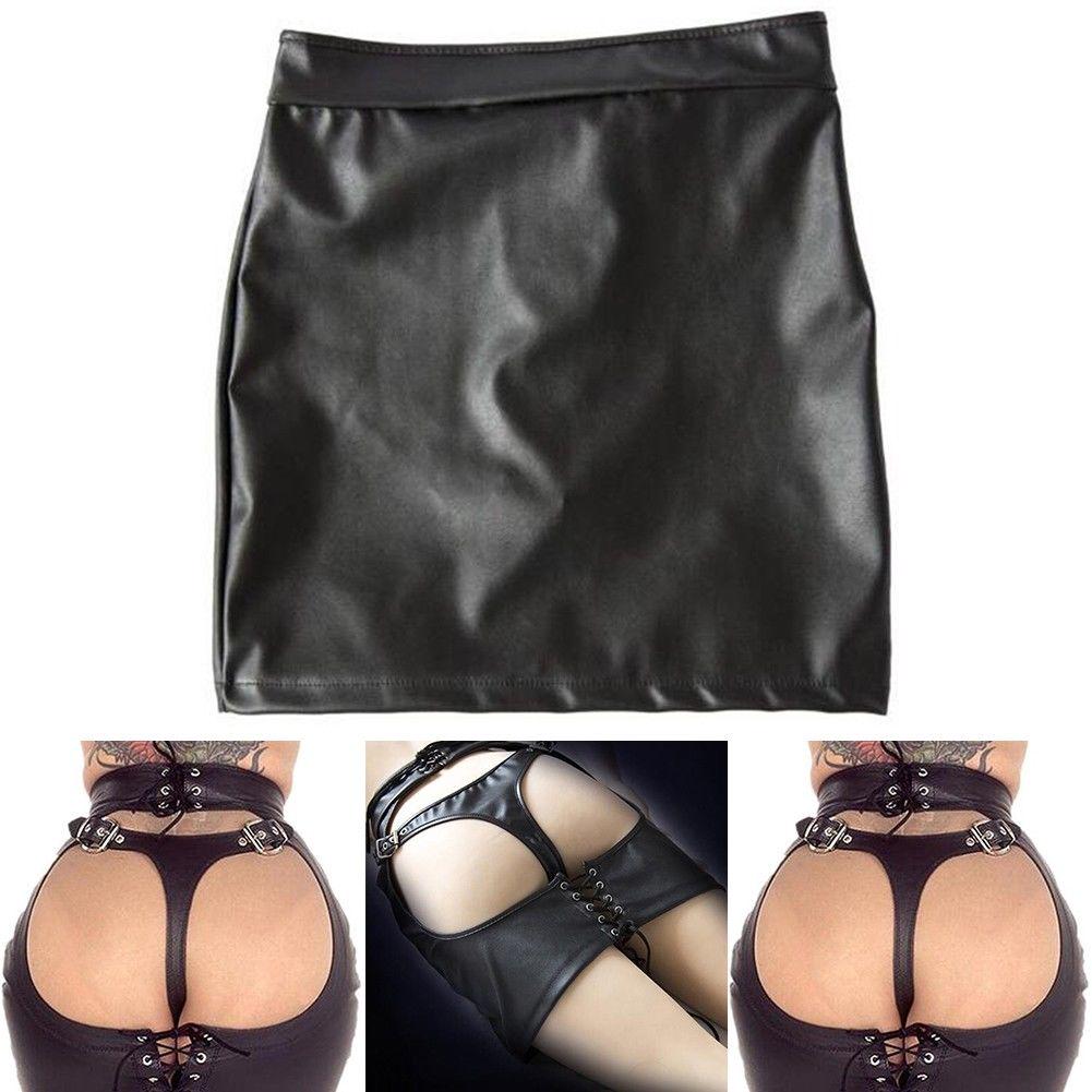 Dirbtinės odos suvarstoma pliaukštelėjimo mini sijonas fetišas atvirų klubų bondage klubinė apranga naujas