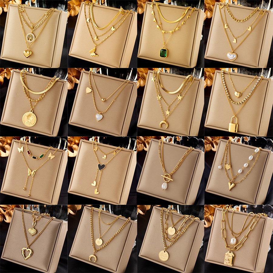 Retro Gold-Plated Double-Layer Butterfly and Pearl Pendant Necklace