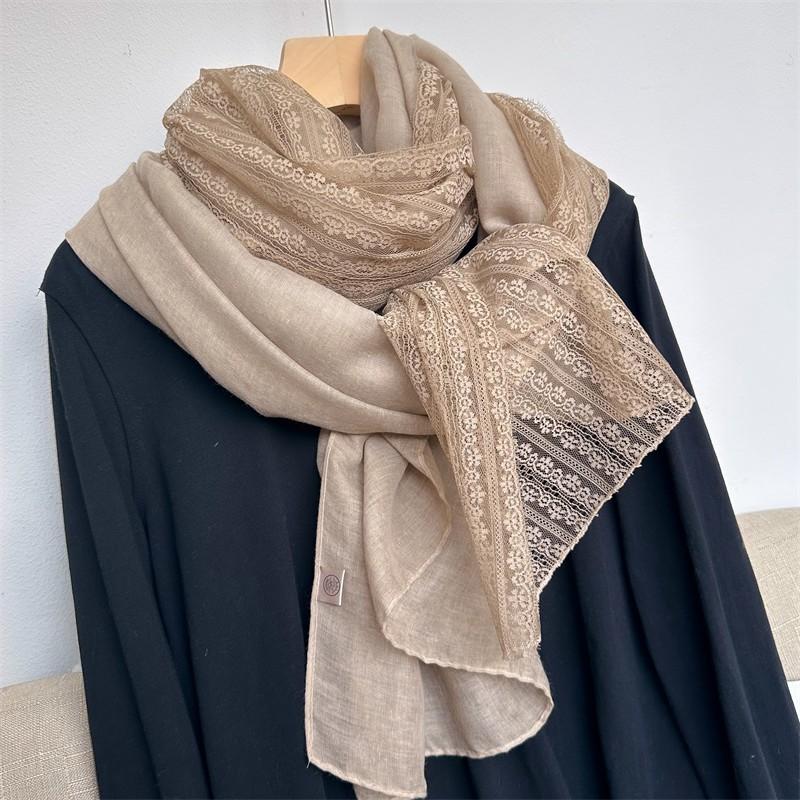 Lightweight Linen Blend Lace Scarf Women Bohemian Style Shawl In Beige Gray Blue 200x100cm Wrap