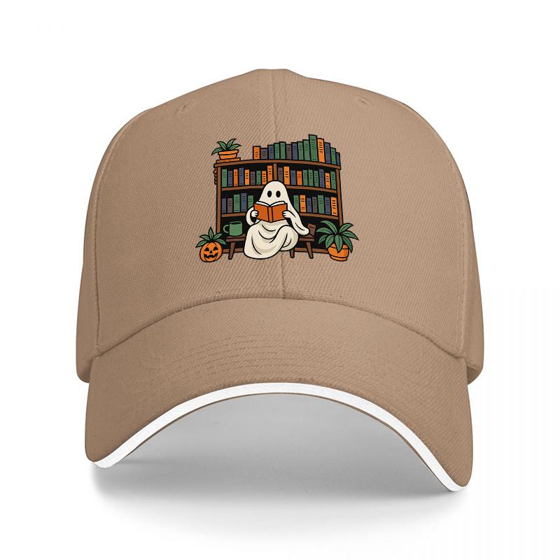 Ghost Reading In Library Bookshelf Halloween Theme Baseball Cap with Pumpkin and Plant Design Black Adjustable Hat for Adults