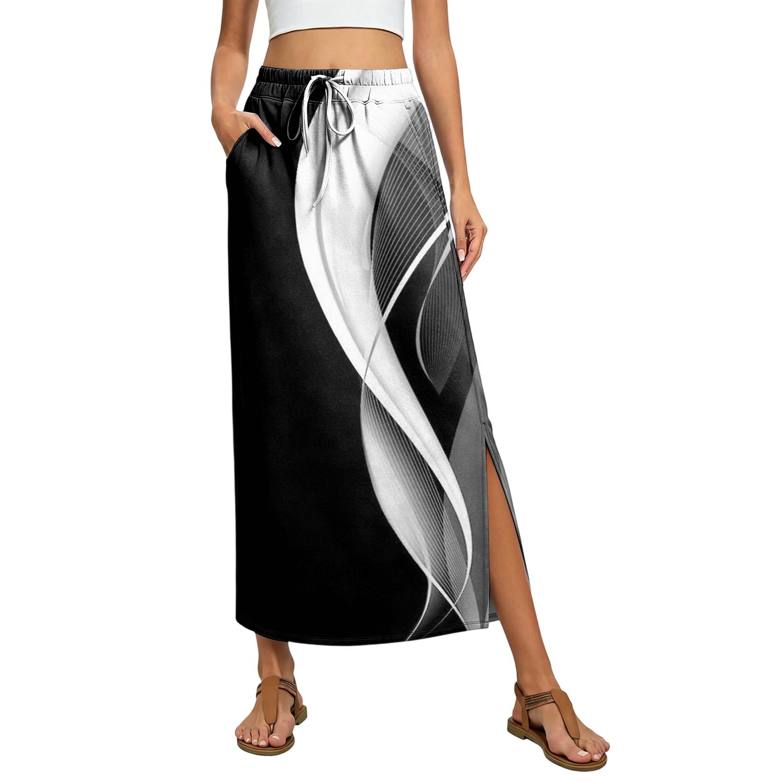 

Ladies floral elastic waist drawstring pocket skirt XL білий