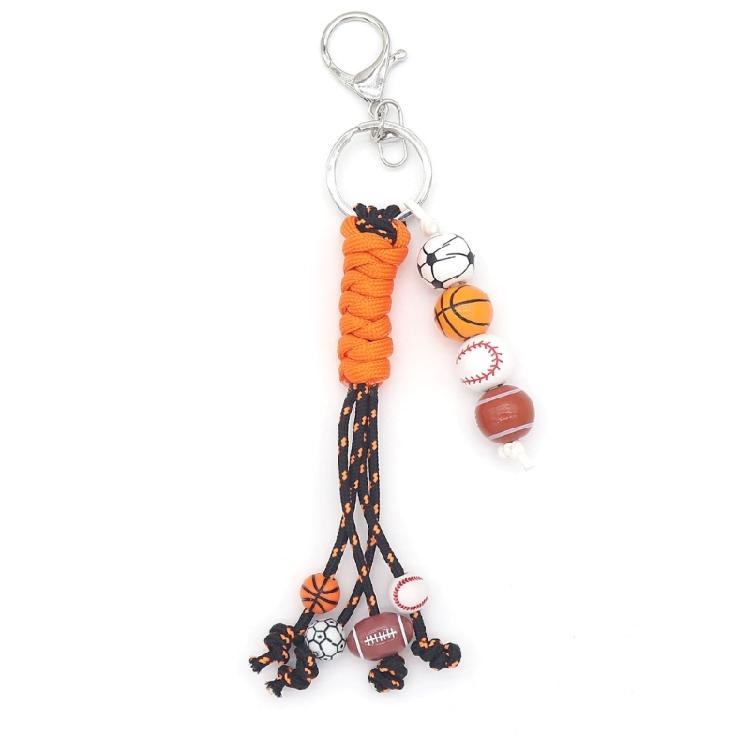 Pack of 4 Fashionable Sporty Keychains Handwoven Polyester Rope Wood Bead Basketball Baseball Football Themes Keyring