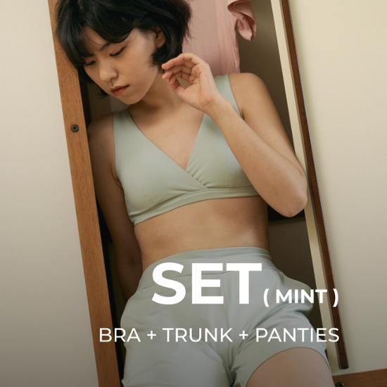 Meunder Zero Full Cup Bra & V Cut Triangle Panties & Wing Trunk Set (Mint Green) Mint Green M/L/L~XL